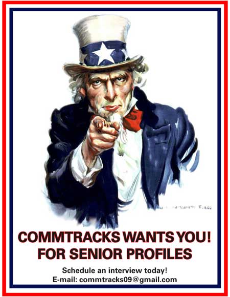 Flyer for COMMTRACKS magazie that asks sentiors to schedule and interview for their profile