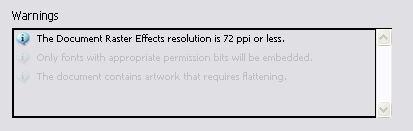 A screenshot showing a dialouge in Illustrator with a warning about document raster effects resolustion being below 72 ppi