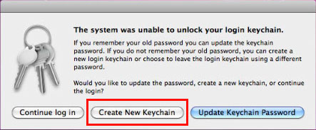 A screenshot of the keychain error message at login with 'create new keychain' highlighted