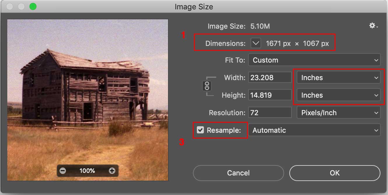 Screen shot of image size dialog in Adobe Photoshop