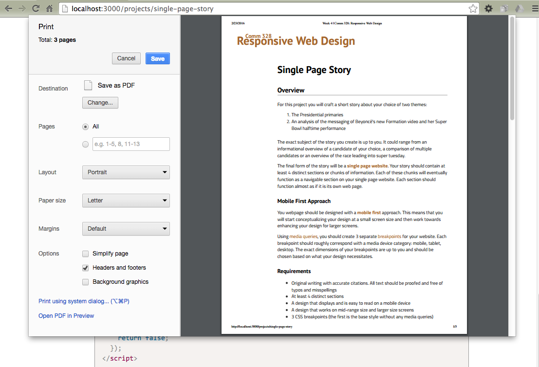 Screen shot of the print preview window in Google Chrome