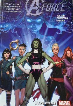 comic art with five women characters standing in a V pattern.
      Larger blue figure in the back.