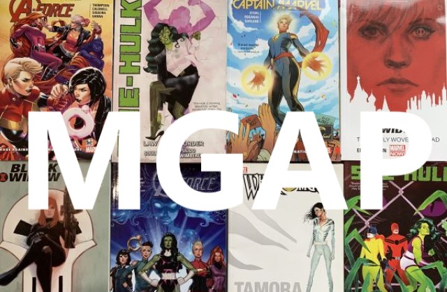 Eight comic book covers arranged in a two by four grid with MGAP in white text over them