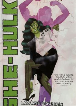 comic art with green woman peering out from behind corner. Pink shadow behind her is flexing.