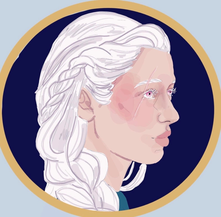 Elska's character icon. She has light skin, pink eyes, and white hair pulled back in loose braids. There is a scar over her left eye. She is shown in right-facing profile.