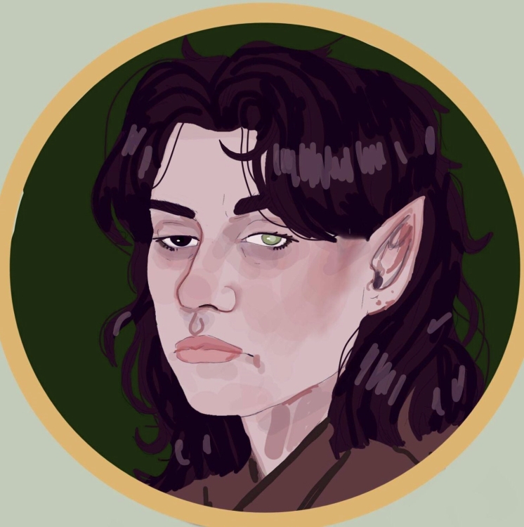 Harlow's character icon. They have light skin, pointed ears, a dark brown right eye and a green left eye, and shaggy dark hair. They are shown in a three-quarters view.