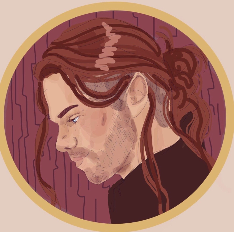 Siggy's character icon. He has tan skin, blue eyes, and long red hair styled in an undercut with a bun. They are shown in left-facing profile looking down.