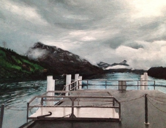 Painting of a dock with mountains in the distance on a gray and overcast day.