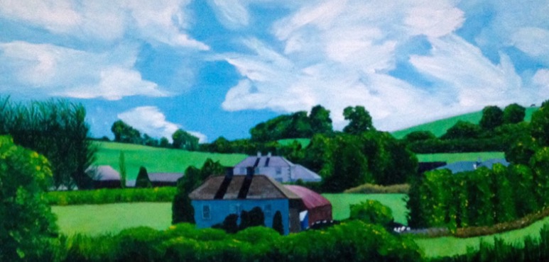 Painting of a bright green landscape with tall trees and open grass spaces, some buildings, and a blue sky with white clouds.