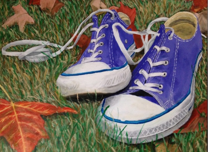 Painting of a pair of blueish converse on grass with fallen leaves around.