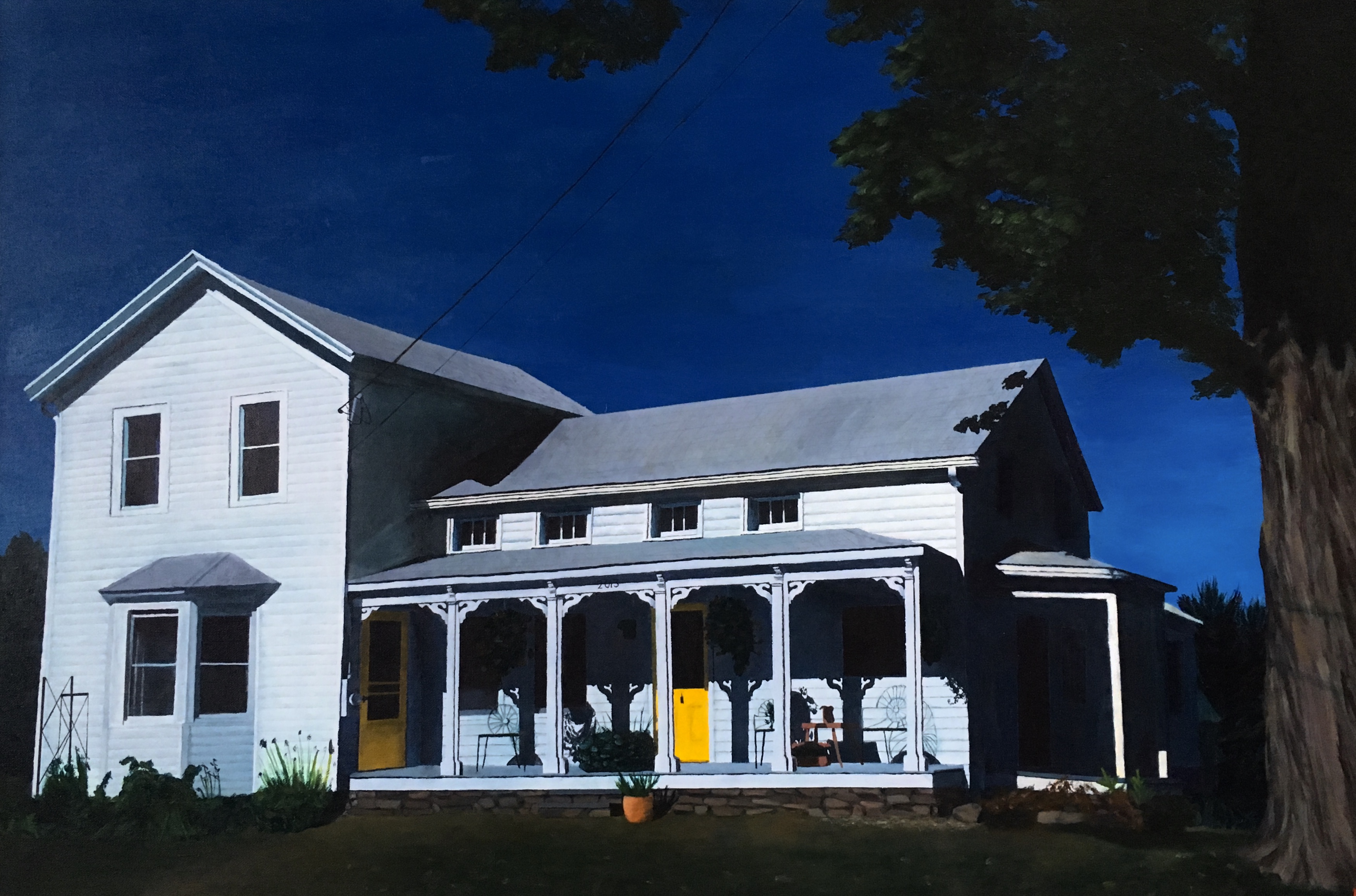 Realistic painting of white farmhouse with yellow doors, a large tree, and a deep blue sky.