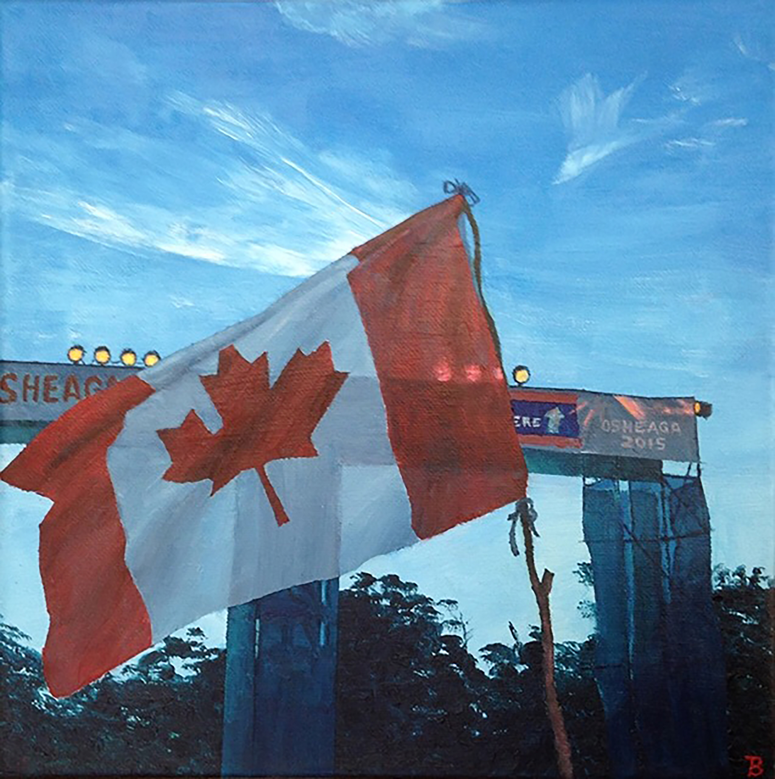 Painting of a Canadian flag in front of an archway at the Osheaga music festival at dusk.