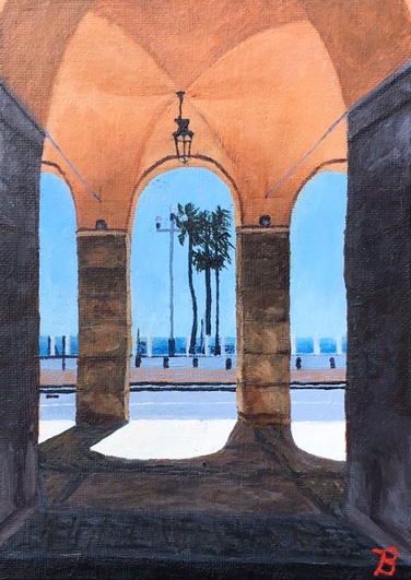 Realistic painting of a view of a summery Mediterranean pier through a stone gateway with an orange-pink arched ceiling.