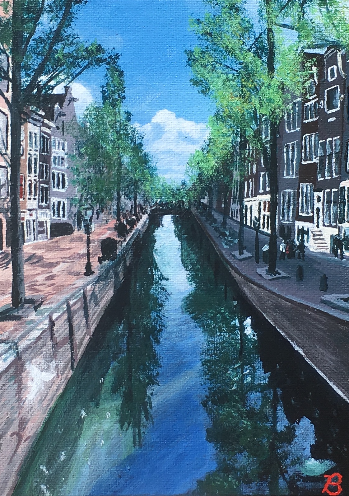 Realistic painting of a view down a canal in Amsterdam.