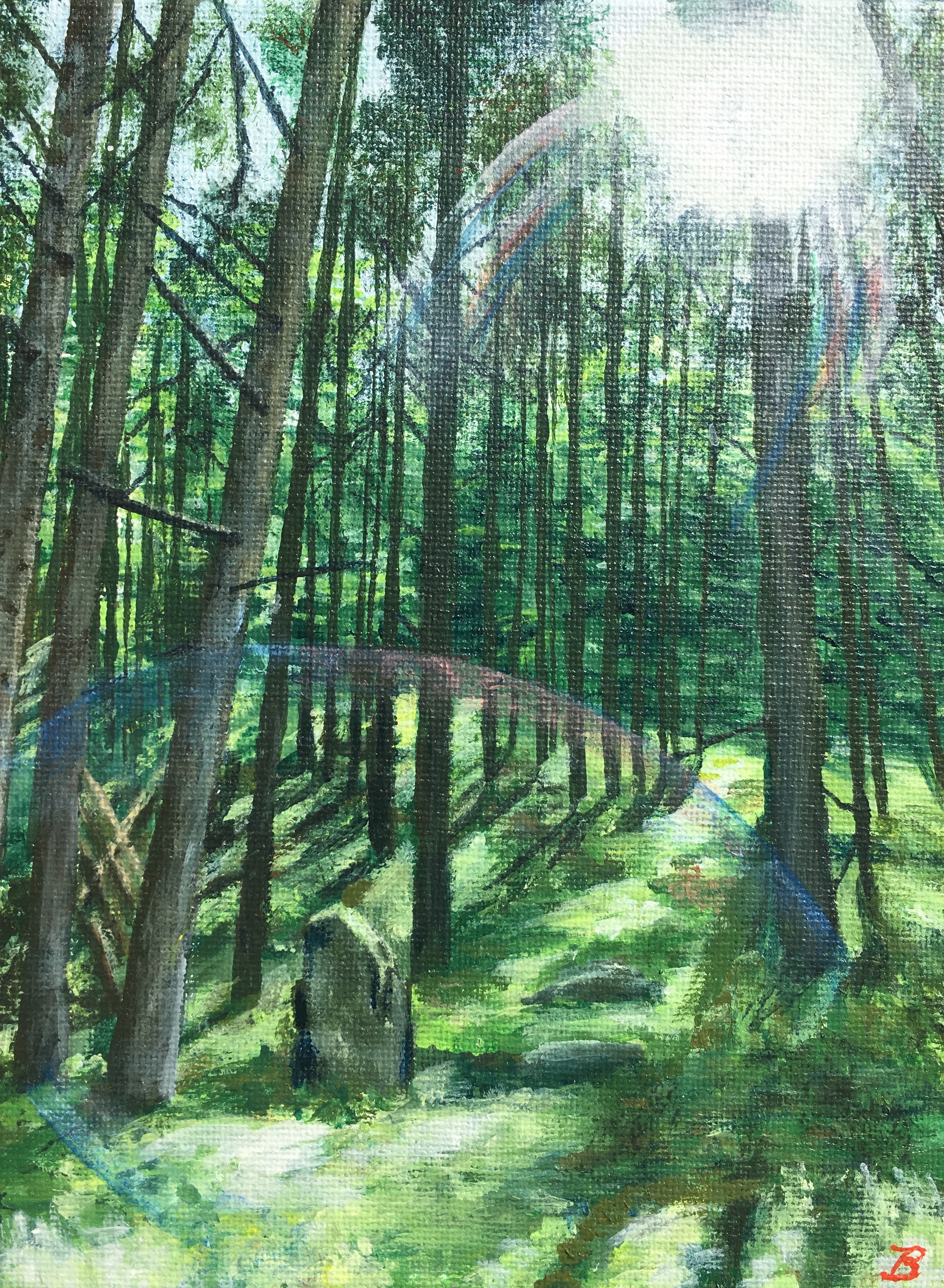 Realistic painting of a verdant forest scene with many tall trees and a bright white sun.