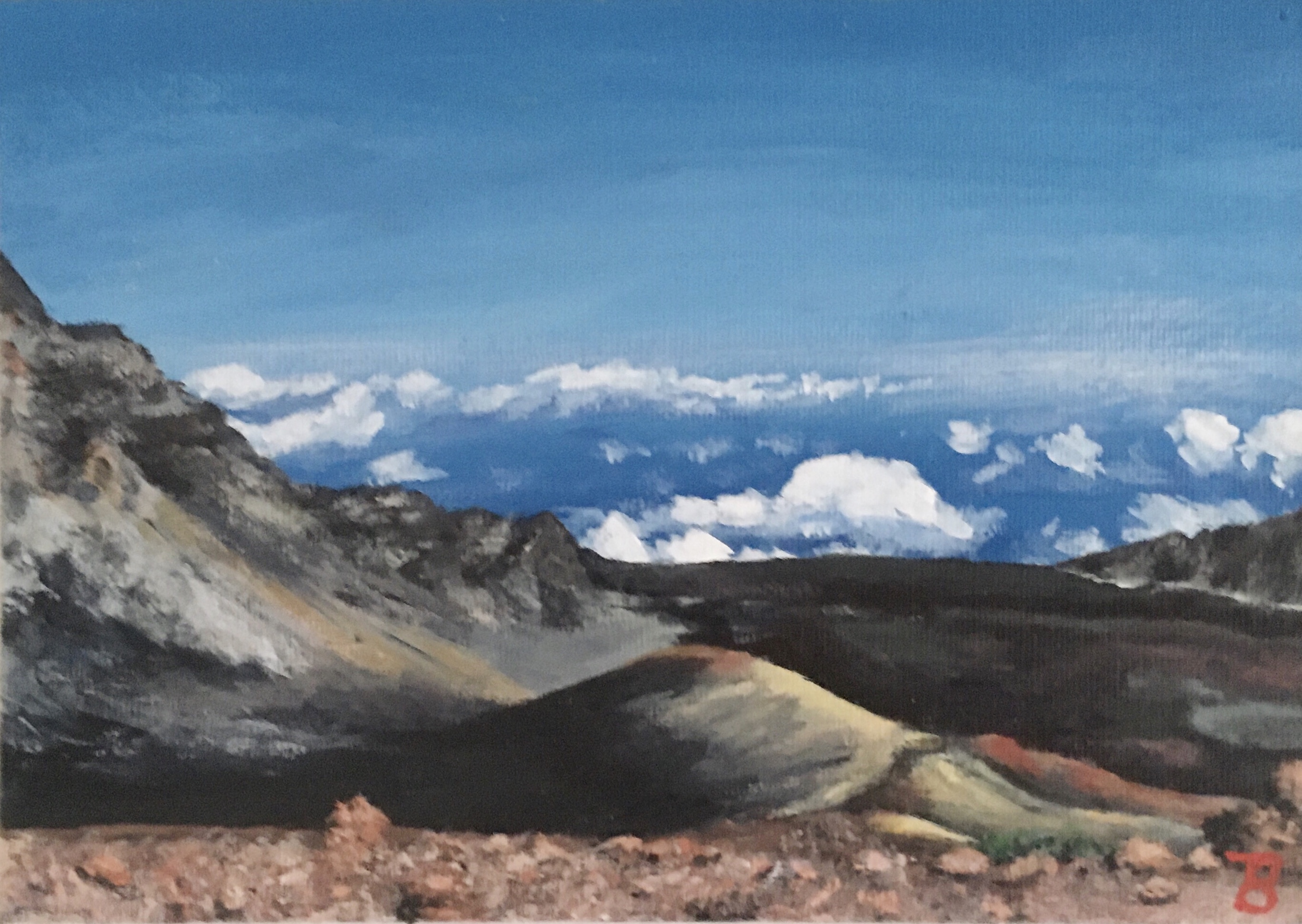 Realistic painting of a view from the top of the Volcano Haleakala on the Hawaiian island of Maui. Gray, black, and red mountains and rocks fill the foreground as The ocean, sky and clouds below fill the background.