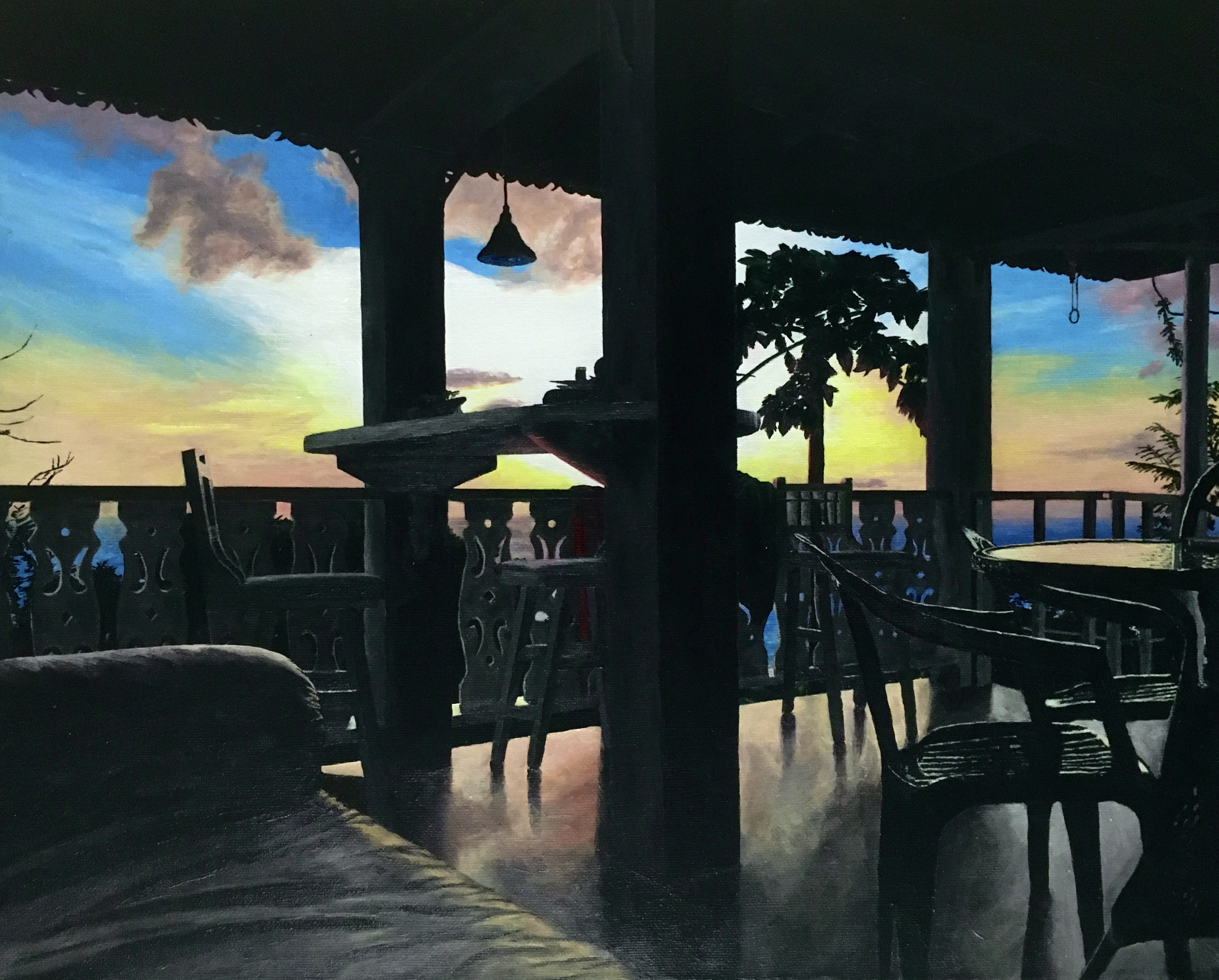 Realistic painting of a covered deck at sunset. The yellow and blue and pink sunset is highlighted by the deck in shadows.