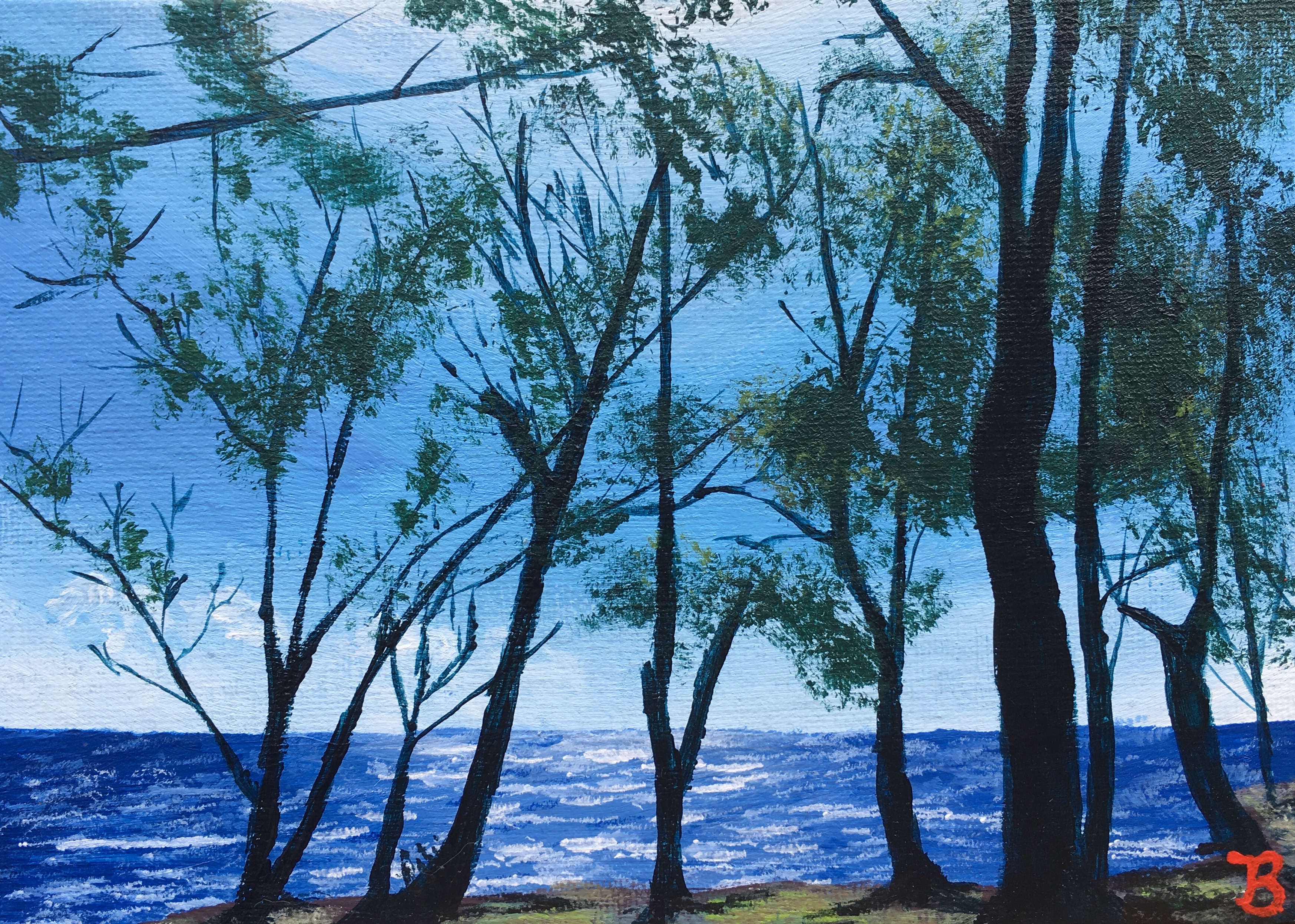 Realistic painting of a view of thin trees in front of a blue sea and sky.