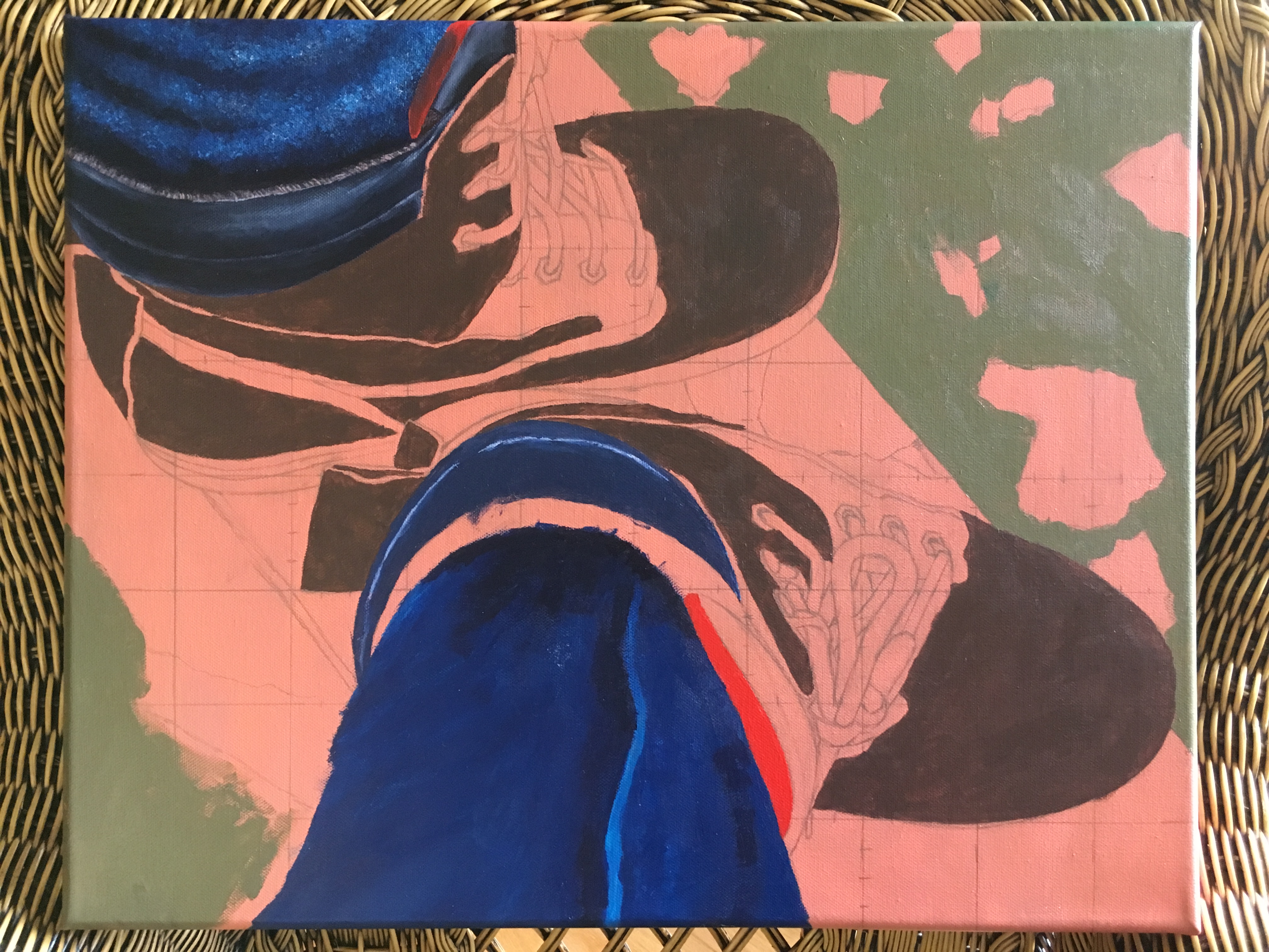 A gridded drawing of the My Boots painting on a pink underpainting with some blocks of color on the pants, ground, and boots added.