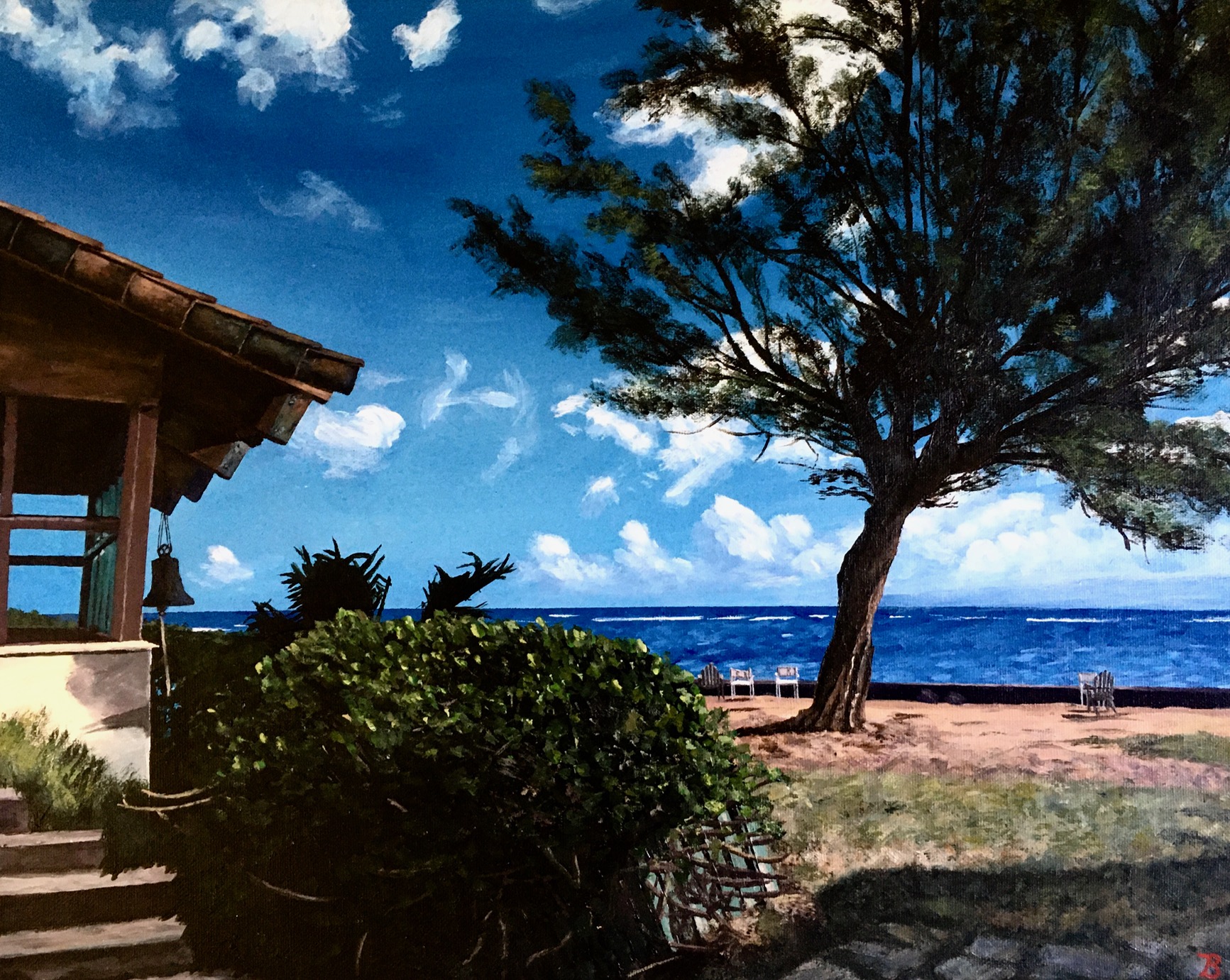 Realistic painting of a beach view on the Hawai'ian Island of O'ahu. Blue waters, fluffy clouds, a large and thin, but full tree, and the side of a house are depicted.