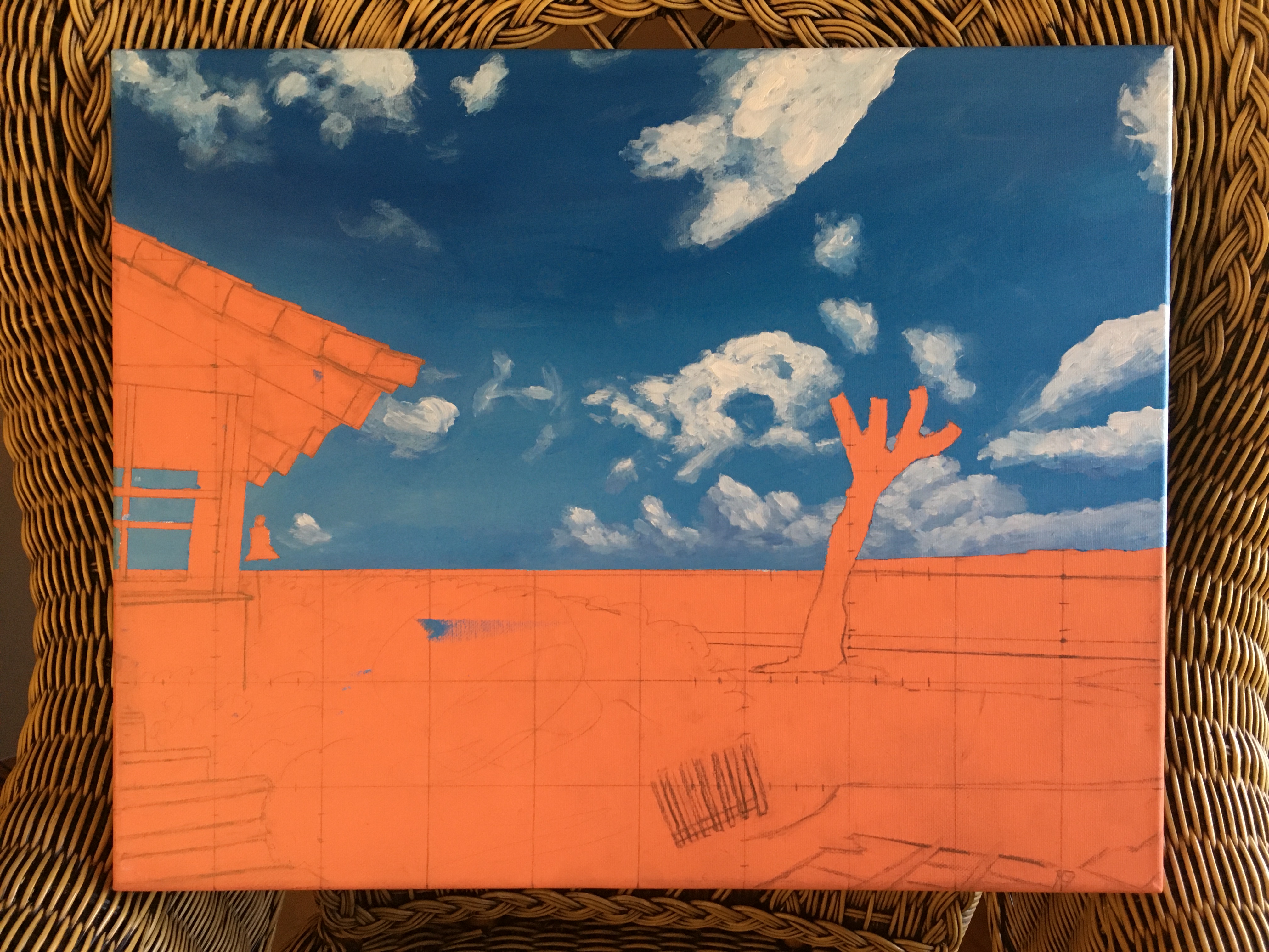 A gridded drawing of the O'ahu painting on an orange underpainting with the blue sky filled in and many thick and whispy clouds.