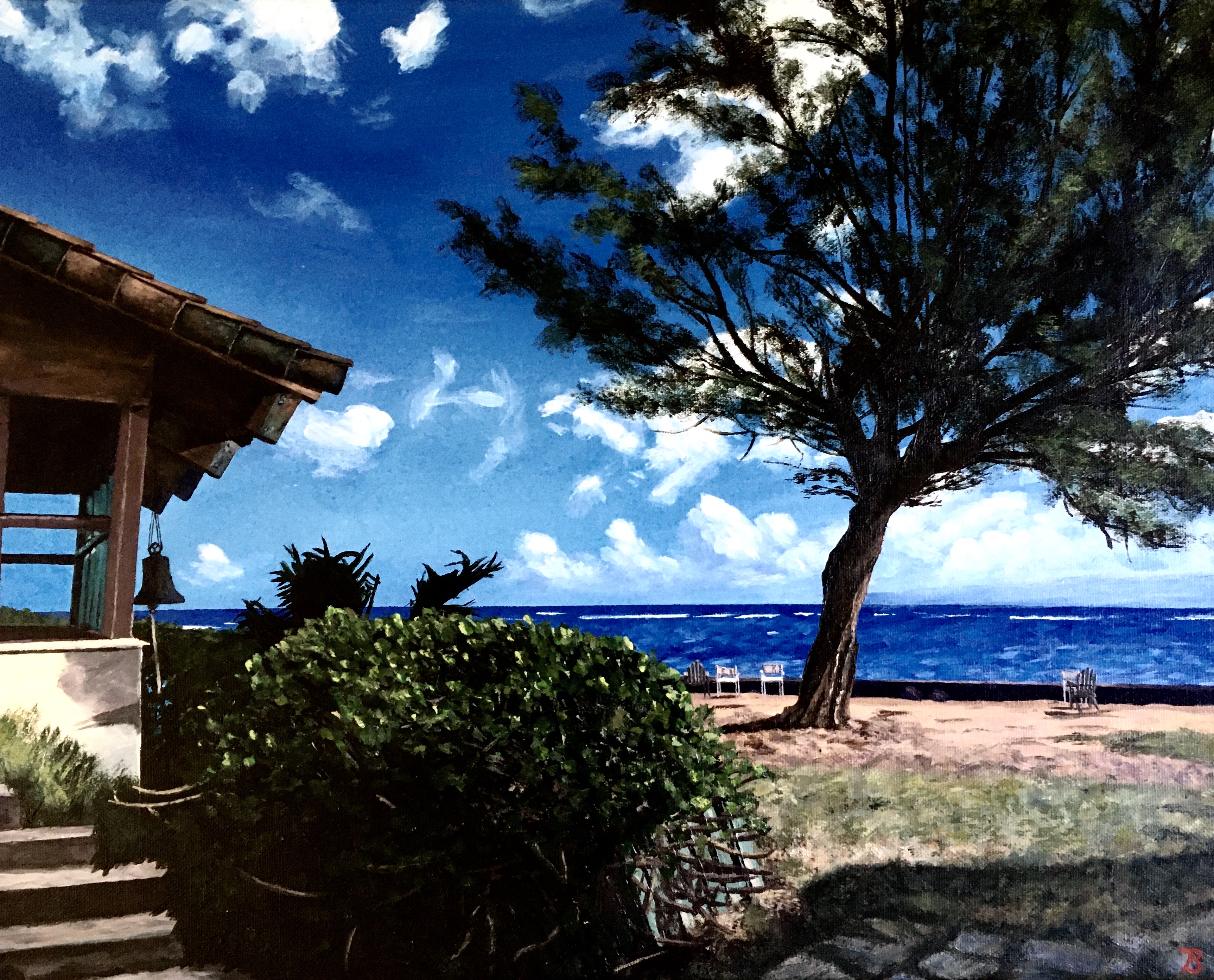 Realistic painting of a beach view on the Hawai'ian Island of O'ahu. Blue waters, fluffy clouds, a large and thin, but full tree, and the side of a house are depicted.