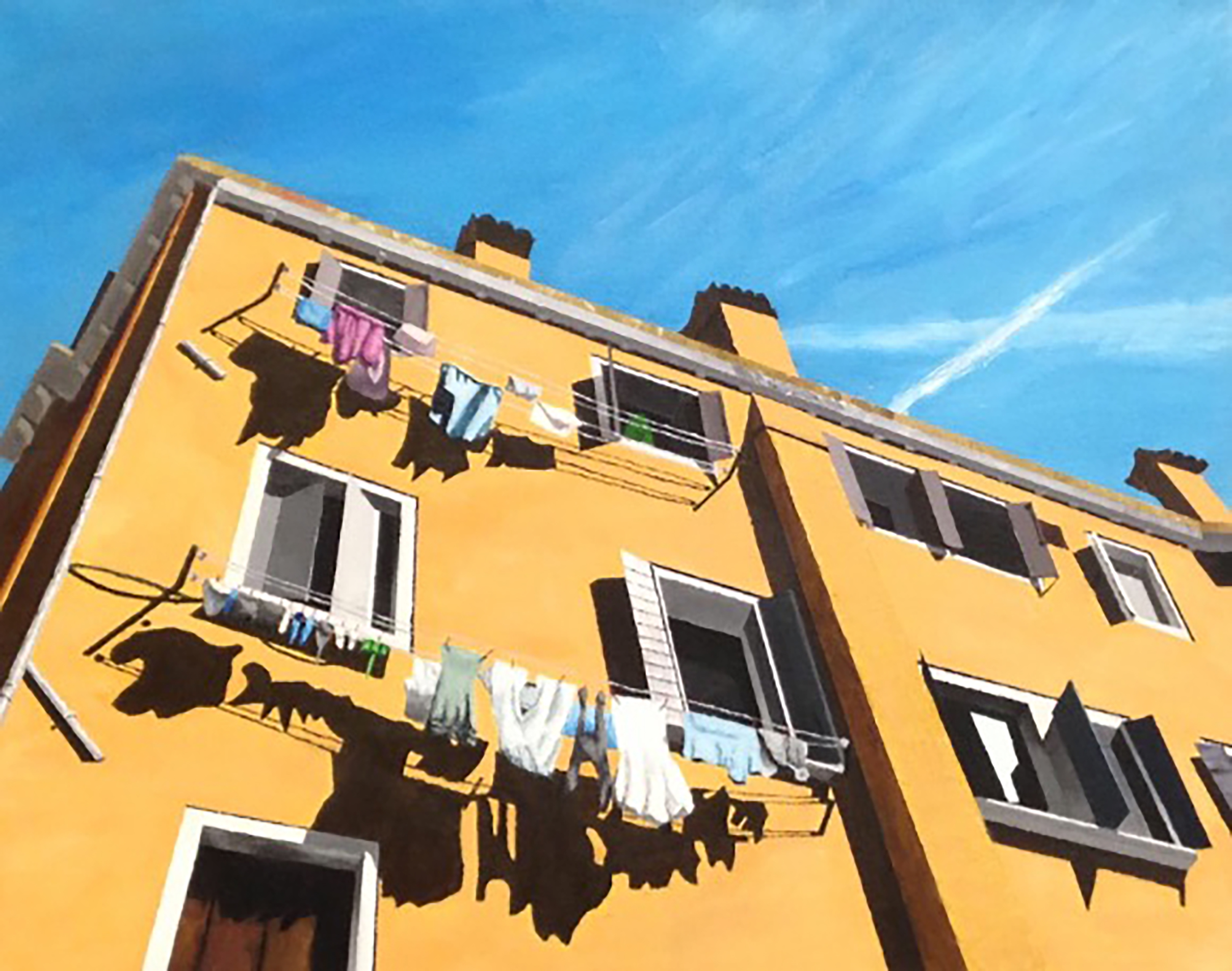 Painting of a yellow buidling with laundry hanging on the outside.