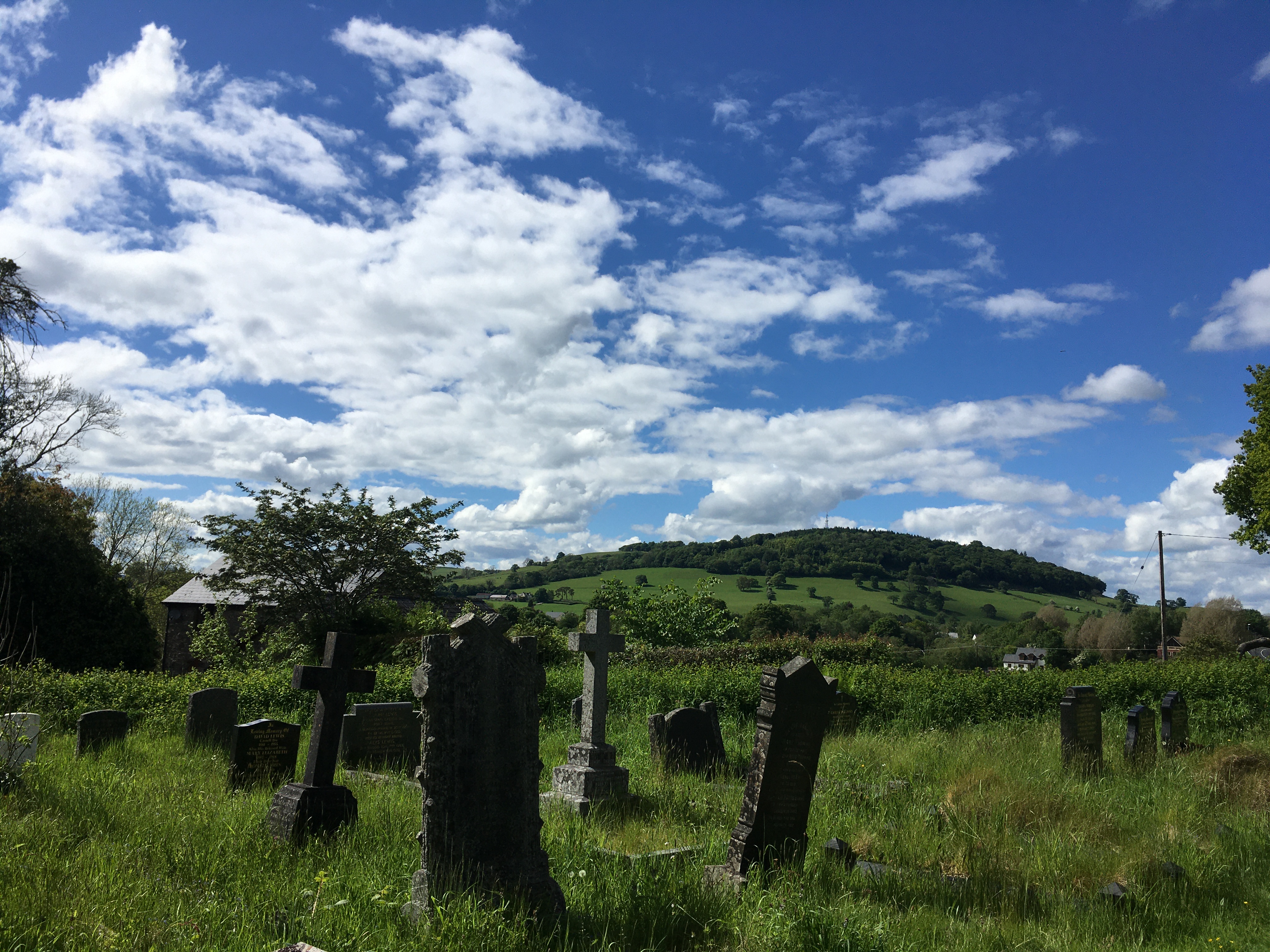 Bright blue sky and puffy white clouds behind a deep, bright green rolling mountainy landscape with a few trees and many gravestones in the foreground.