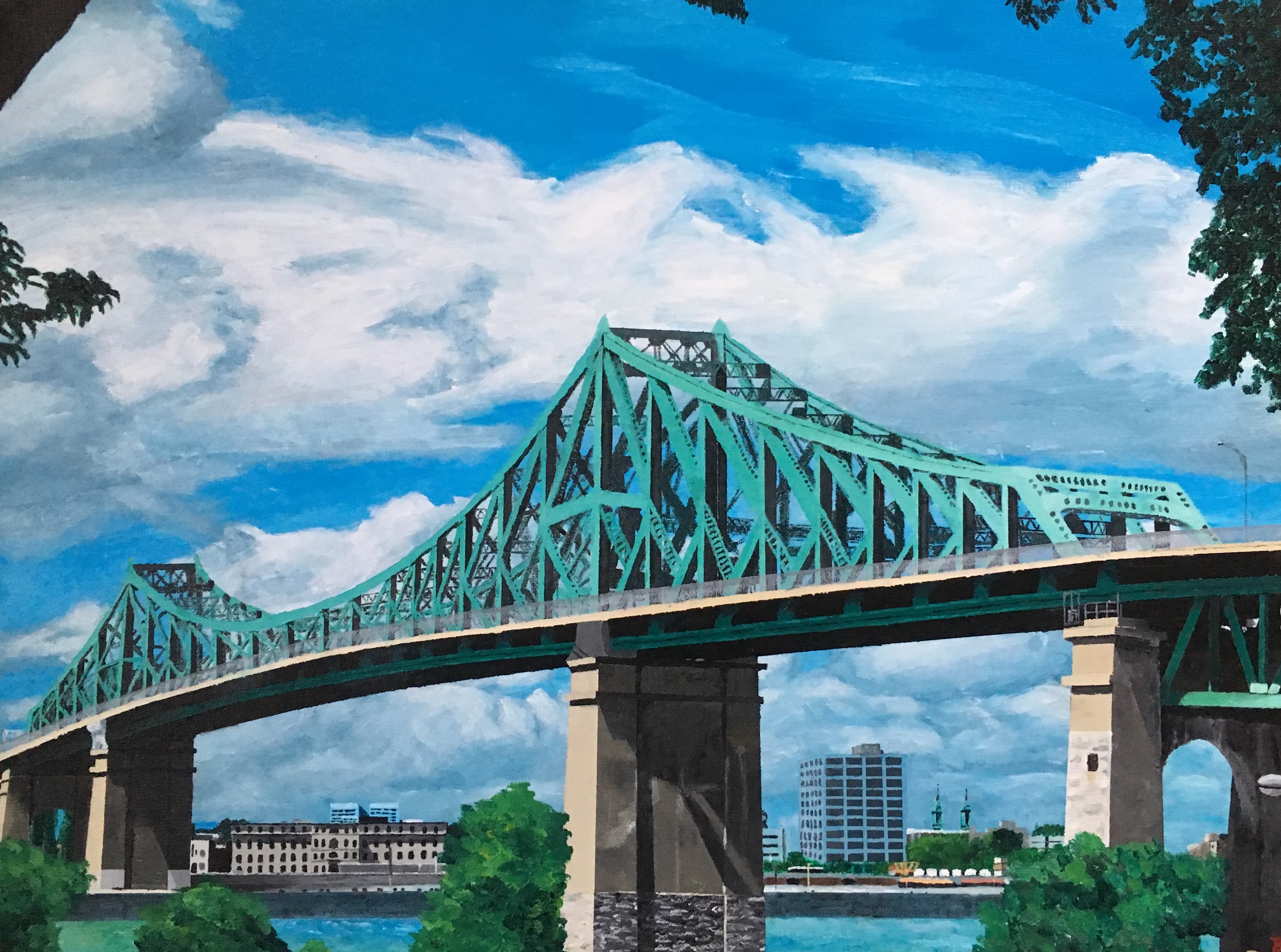 Painting of a large green truss bridge, blue sky and white clouds.