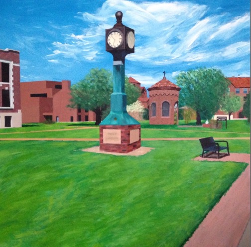 Painting of a clocktower on the lawn of St. Bonaventure University.