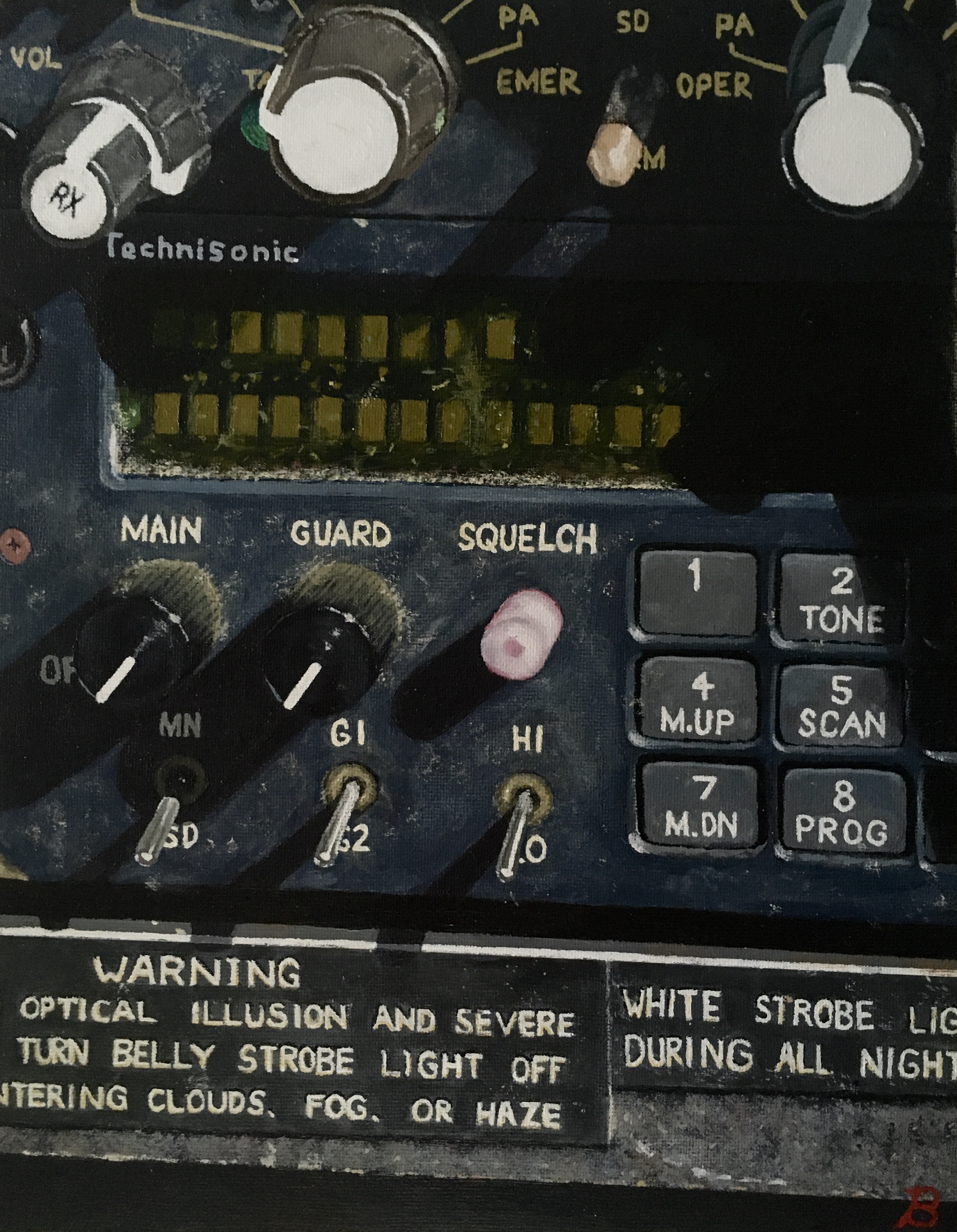 Realistic painting of a helicopter console with a button labelled Squelch centered.