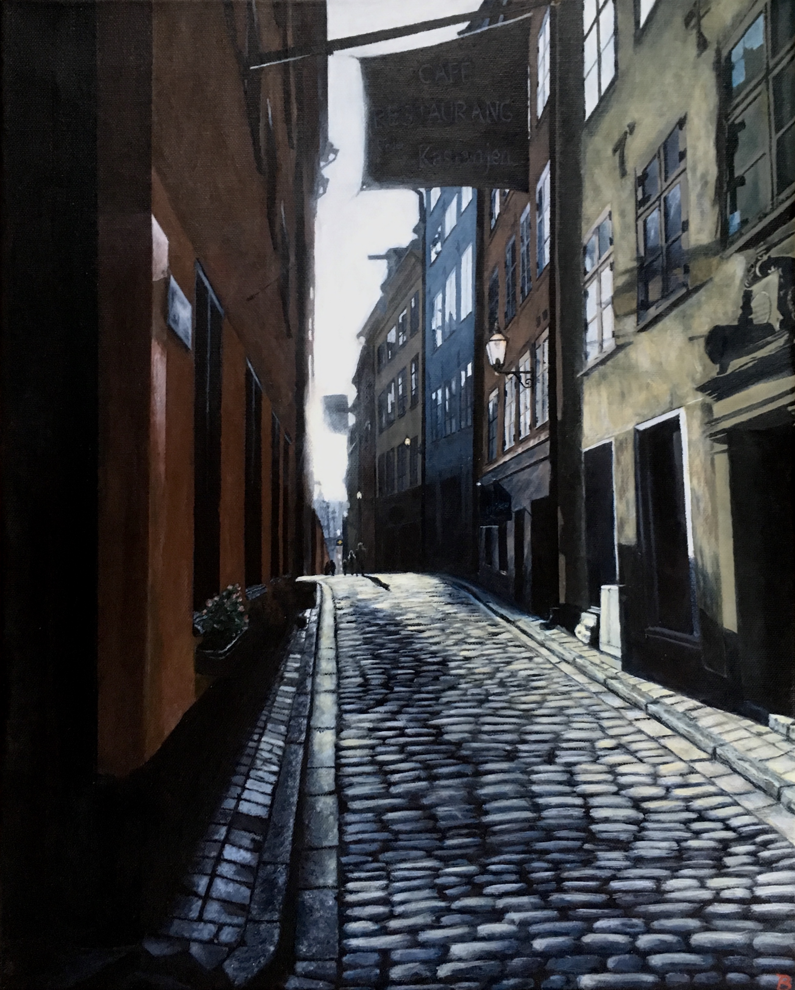 Realistic painting of a street view of colorful red, yellow, and blue buildings and a cobblestone street.