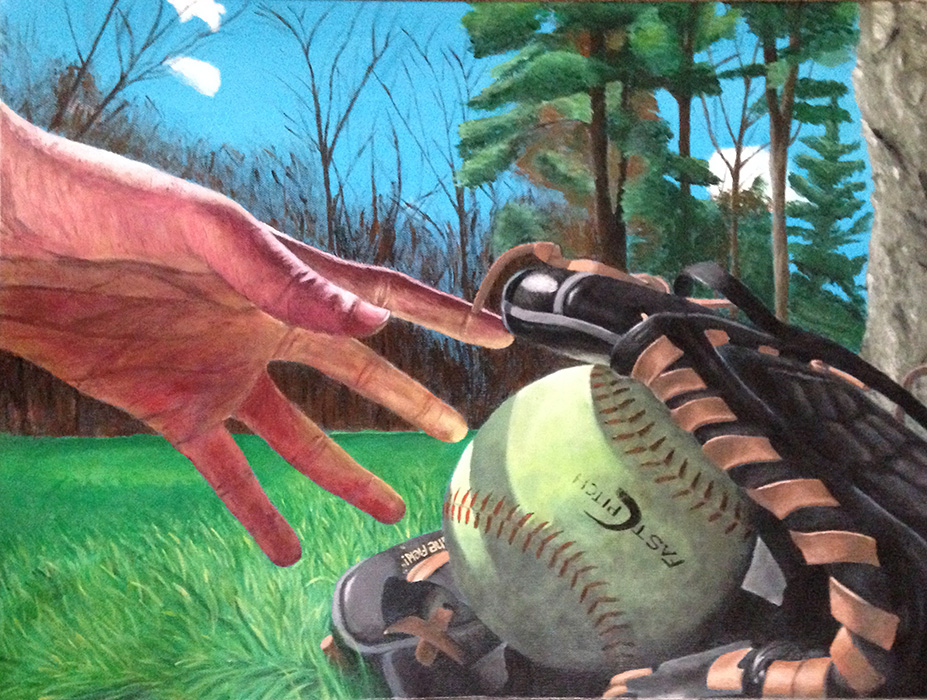 Close-up painting of a hand reaching toward a yellow-green softball in a leather glove.