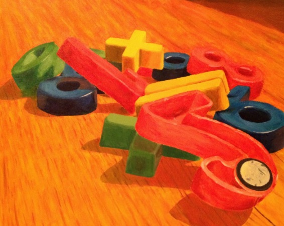 Painting of a pile of number-shaped refrigerator magnets.