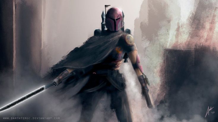 Image of a Mandalorian holding the darksaber