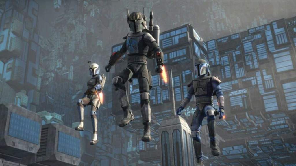 Three Death Watch Mandalorians in Jetpacks
