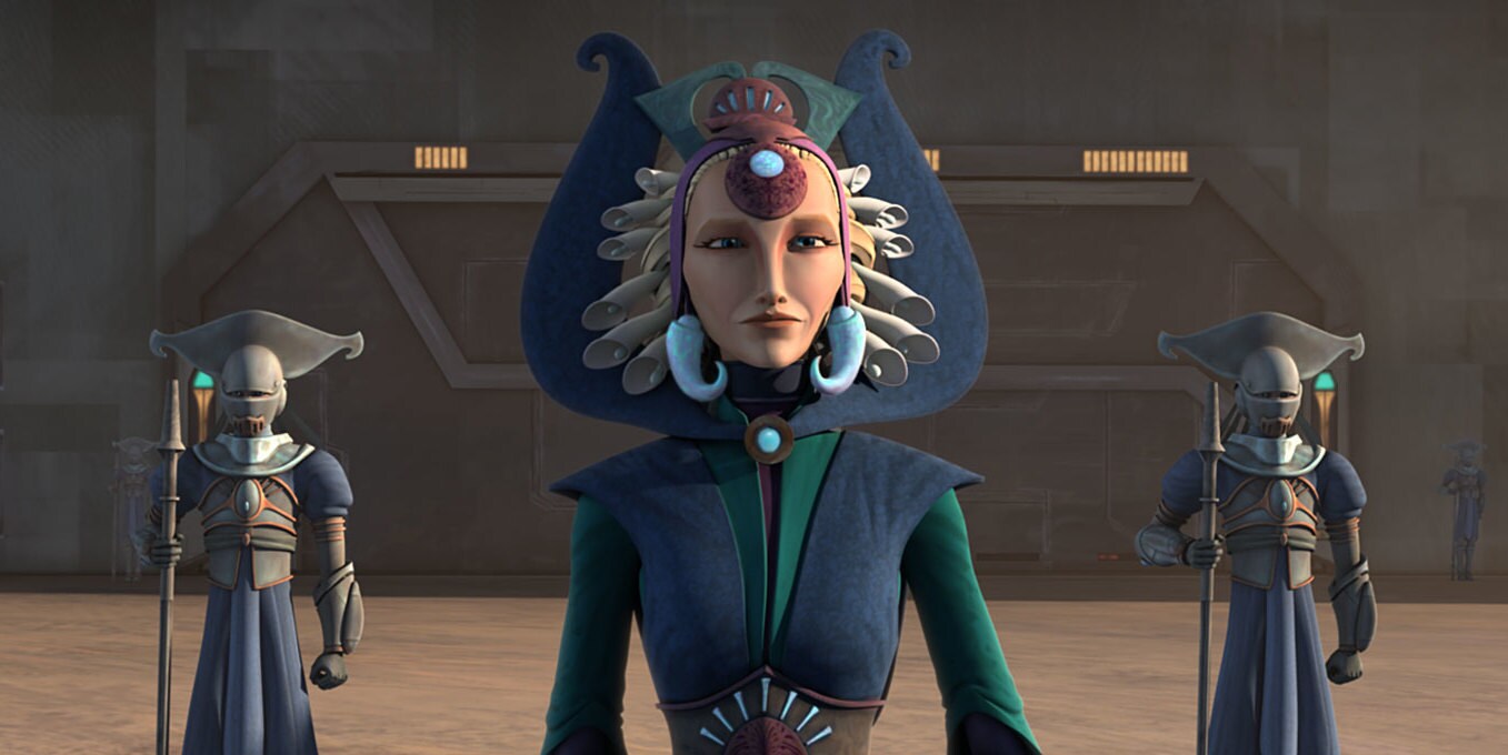 TA woman in a fancy headdress wearing formal clothing with two guards in the background